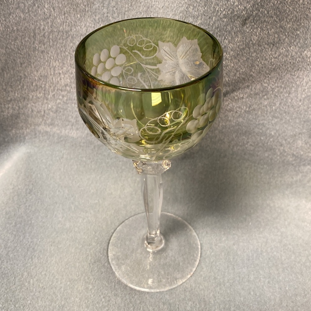 Green Cut-to-Clear Crystal Wine Goblet, 7 inches tall era from the 1980's